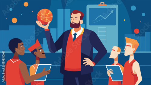A digitized version of a legendary basketball coach guiding and motivating players through a series of challenging VR drills and simulations.. Vector illustration