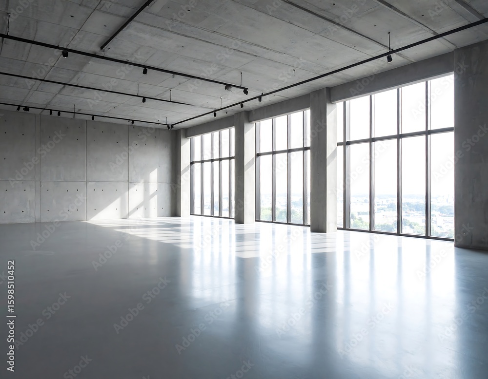 Fototapeta premium Empty modern concrete office space with large windows