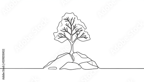 Lone Tree on Rocks with Line Art.