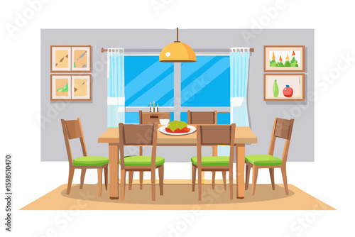 Cozy dining room scene with table chairs and window view