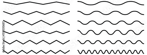 Wave line set. Vector water waves. Set of wavy zigzag lines. wavy zigzag pattern line illustration set on a white background, abstract vectors.  wavy and zigzag horizontal underline. 
 