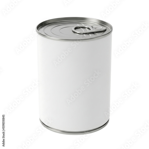 White tin food can with blank label and pull tab lid for packaging mockup. Isolated on transparent background, png