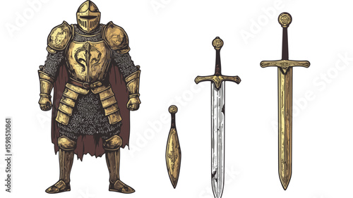 Detailed Medieval Knight Armour and Sword Engraving Illustration for Historical Designs
