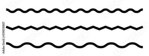 Wave line and wavy zigzag pattern lines. Vector black underlines, smooth end squiggly horizontal curvy squiggles on white background.