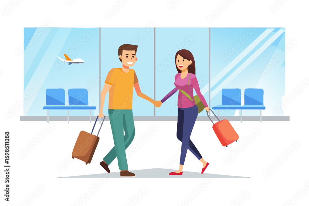 Obraz premium Couple holding hands walking through airport terminal with luggage