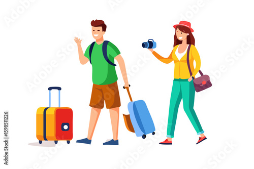 Happy couple traveling together with luggage and camera
