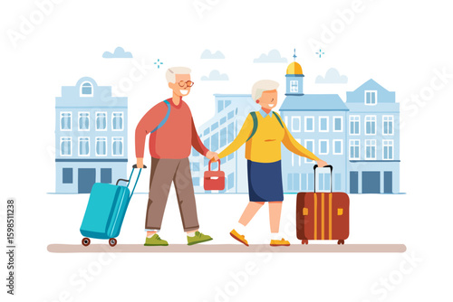 Elderly couple traveling together with luggage in a city