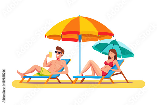 Couple relaxing on beach chairs under umbrellas