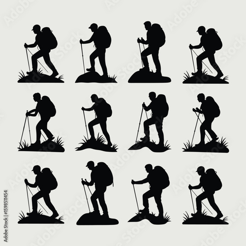 Silhouette of hikers with backpacks and trekking poles on rocky terrain