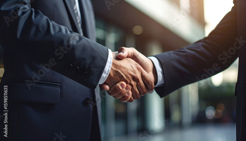 Businessmen shaking hands with city background.