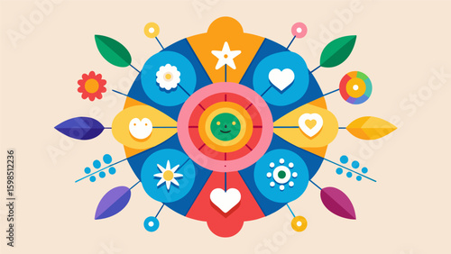 A mandala with a rainbow of colors and symbols representing different qualities and characteristics promoting mental clarity and focus for individuals. Vector illustration