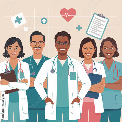 Diverse group of smiling doctors and medical professionals standing together