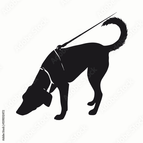Silhouette of a guide dog wearing a harness, searching, minimalist black and white design