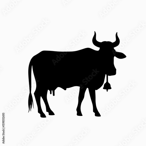 Silhouette of a sacred cow with a bell standing on a white background