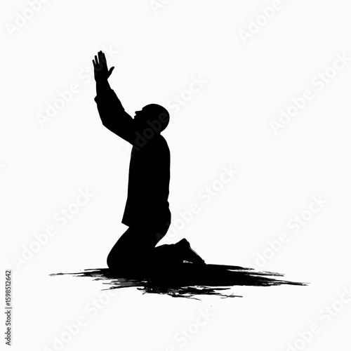 Silhouette of a person kneeling with raised hands in a prayerful gesture