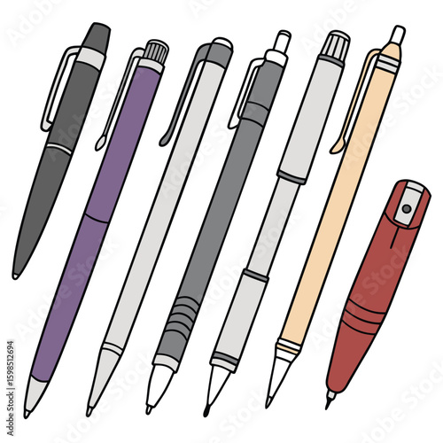 Assorted Collection of Pens and a Mechanical Pencil Sharpener Arranged Neatly on a White Background