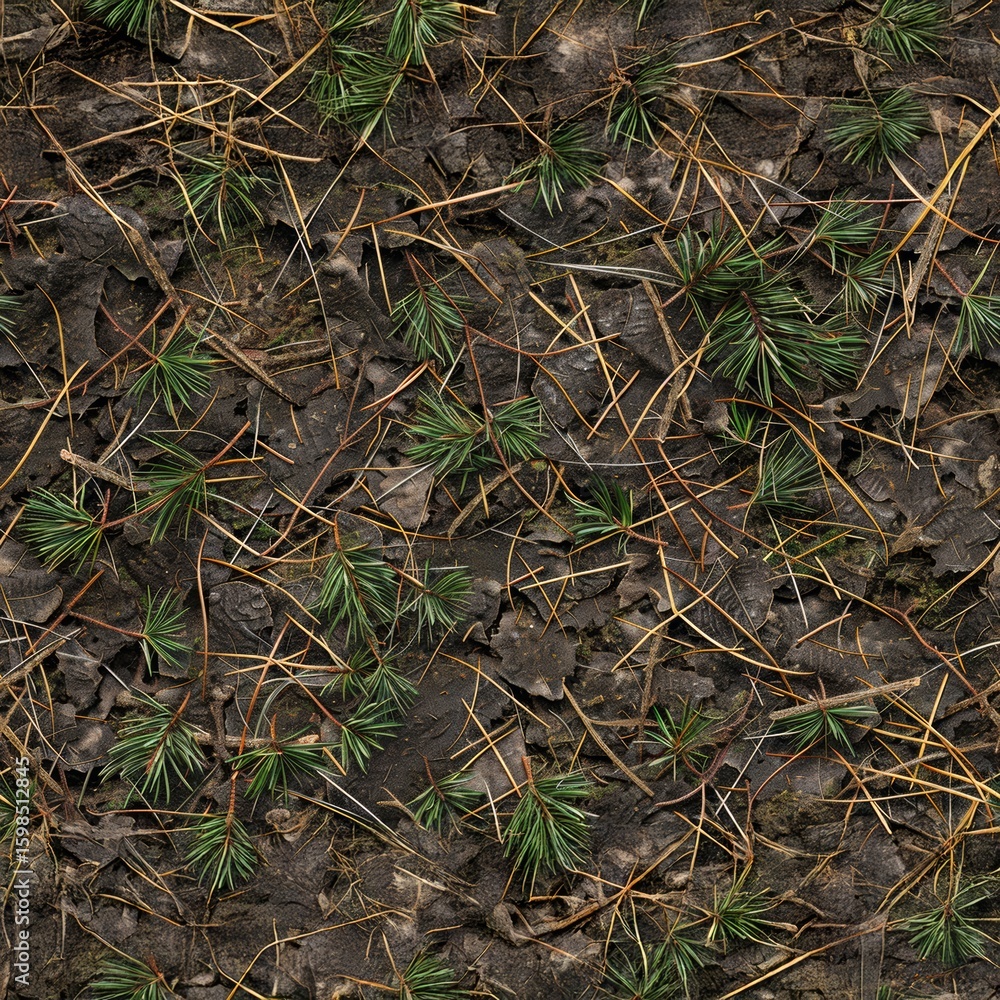 Close-up view of forest ground with green pine sprouts and dry brown leaves and twigs Close-up view of forest ground with green pine sprouts and dry brown leaves and twigs