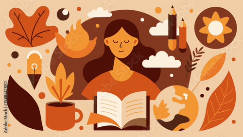 A collage of warm and earthy tones representing grounding and stability in writing down thoughts and emotions.. Vector illustration