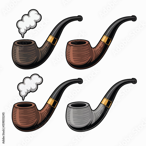 Collection of four vintage smoking pipes with smoke detail