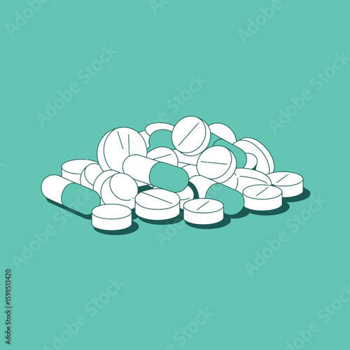 Pile of white and green pills on a bright teal background