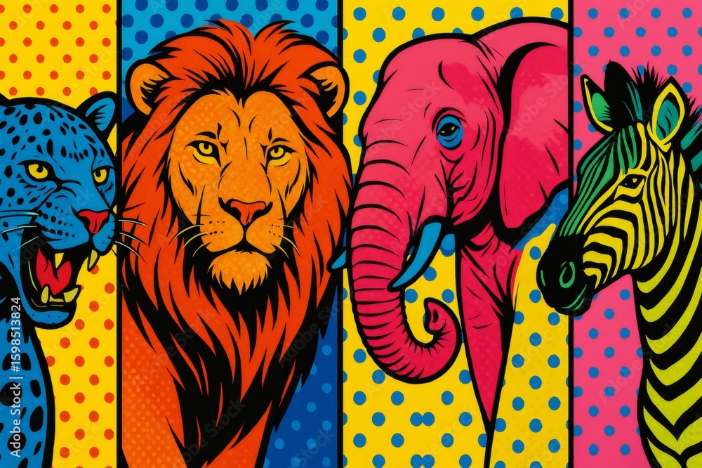 Fototapeta Colorful wild animals pop art illustration featuring leopard, lion, elephant and zebra
