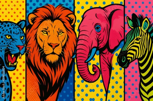 Colorful wild animals pop art illustration featuring leopard, lion, elephant and zebra