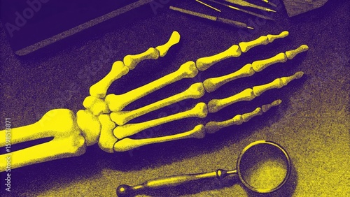A yellow skeleton hand lying next to a magnifying glass evokes forensic science and mystery with