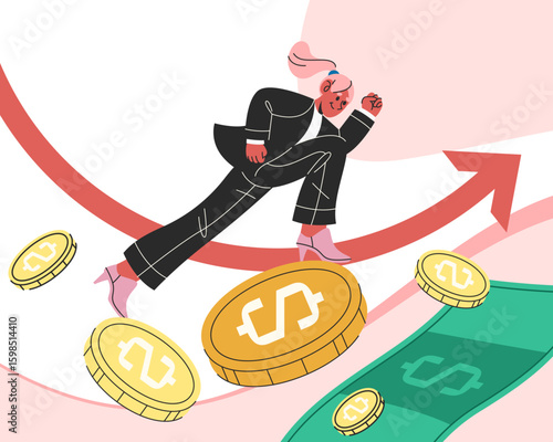 Women financial growth vector sign. Woman run upward through dollar coin and banknote. Arrow showing personal income development. Female prosperity or feminine budgeting. Independent business lady.