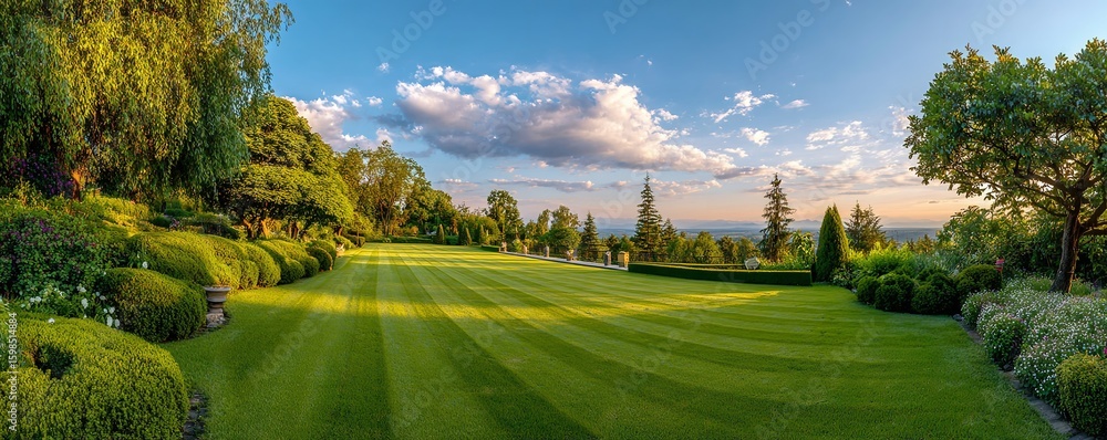 Fototapeta premium Manicured Grass Yard with Clean Lines in Front of Modern Home, Ideal for Landscape Design Promotion