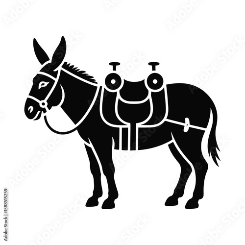 Black silhouette of a donkey with a saddle isolated on white background