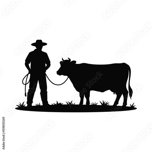 Cowboy with cow silhouette isolated on white background