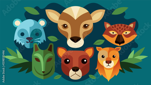 A collection of handcarved wooden masks featuring animals affected by deforestation bringing awareness to the impact of human actions on wildlife.. Vector illustration