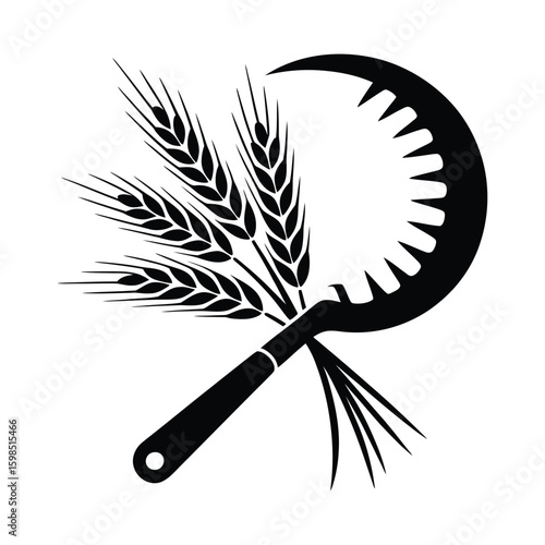 Silhouette of a sickle and wheat stalks isolated on white background