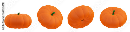 3D vector pumpkin set with four realistic orange pumpkins in different angles. Perfect for autumn, Thanksgiving, Halloween, and seasonal decorations. Isolated.