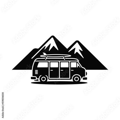 Van with surfboard on roof in front of mountains silhouette isolated on white background