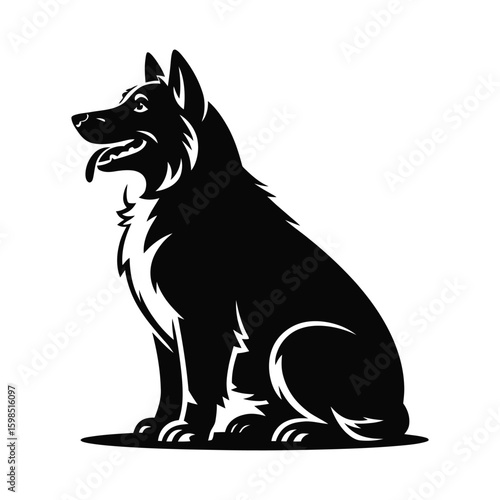 German shepherd dog silhouette sitting happily isolated on white background