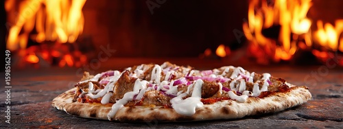 kebab pizza with mild white sauce inside of a brick oven  . aspect ratio 8:3