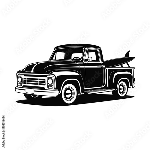 Vintage pickup truck with surfboard silhouette isolated on white background