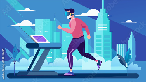 A man jogging on a treadmill while virtually racing through a futuristic city on his mobile VR device.. Vector illustration