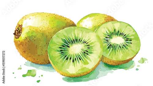 Vibrant Watercolor Single Kiwi Fruit Isolated on White Background