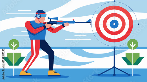 A biathlete stands in a virtual reality shooting range concentrating intently as they aim for the bullseye. The pressure is on as they compete against. Vector illustration