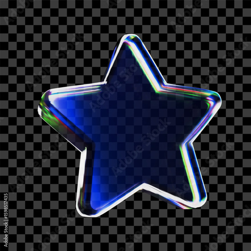 3D glass star icon with refraction and holographic effect isolated on dark background. Neon transparent glass star with overlay dispersion light, rainbow gradient. 3d vector morphism.