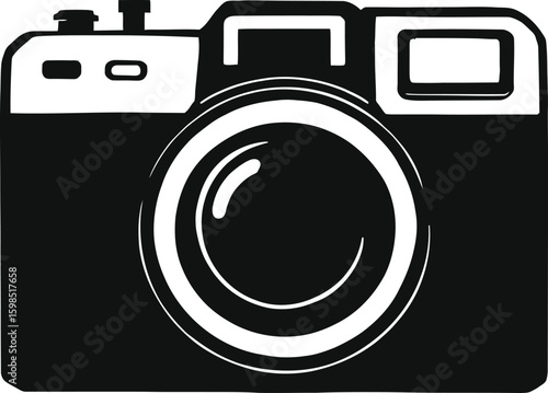 A black and white graphic illustration of a camera with a large lens and flash mount on top