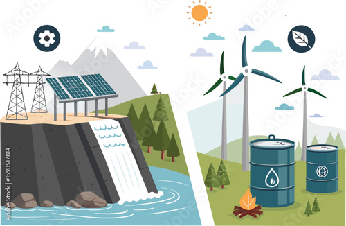 A clean vector comparison infographic showing renewable vs non-renewable energy –