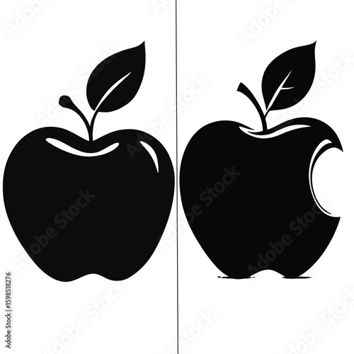 Two apple icons in black and white one whole and one with a bite taken out of it on a white background