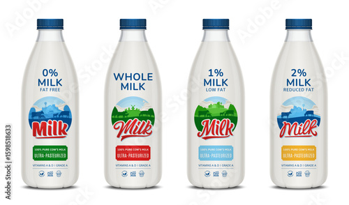 Vector milk labels and milk plastic bottles