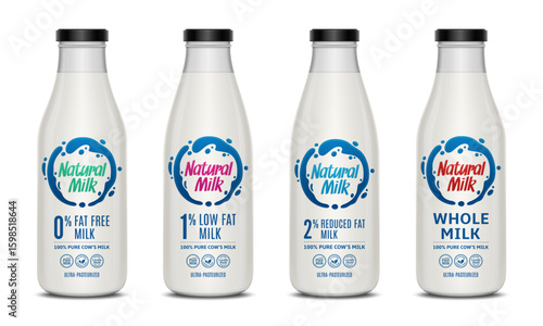 Vector milk labels and milk glass bottles