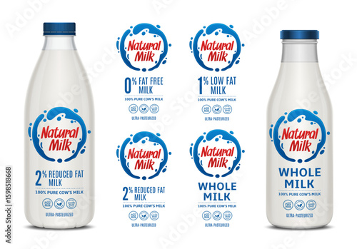 Vector milk labels. Glass and plastic milk bottles with labels