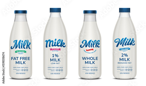 Vector milk labels and milk glass and plastic bottles