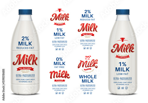 Set of vector milk labels. Plastic milk bottles with labels